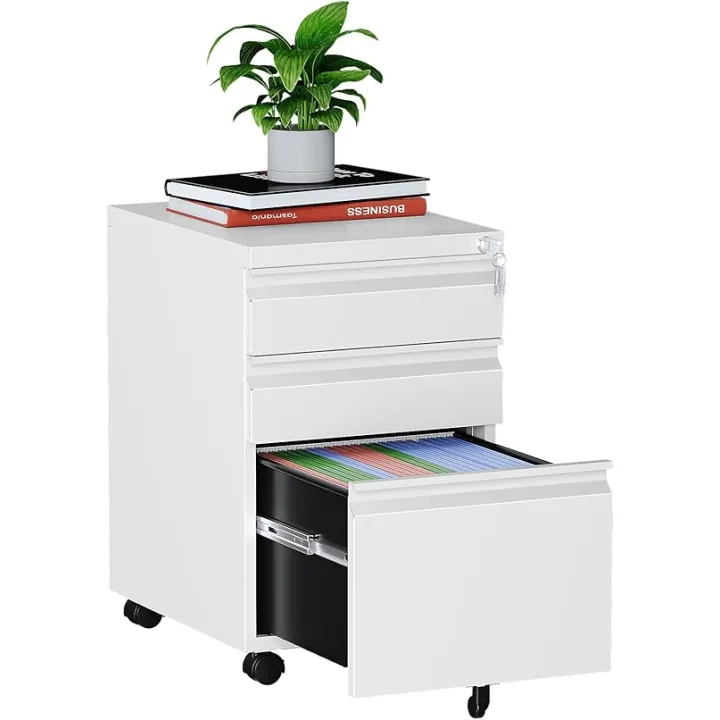 MIIIKO Mobile Filing Cabinet 3 Drawer, White Small File Cabinet with Lock Under Desk, Filing Cabinets for Home Office with Wheels, A4/Letter/Legal Hanging File Folders