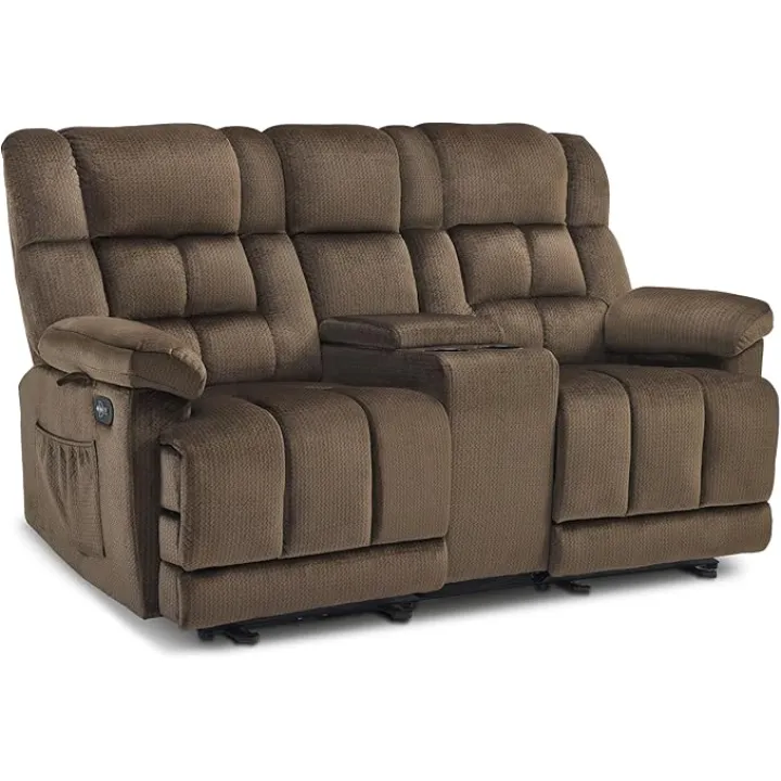 MCombo Zero Gravity Power Loveseat Recliner with Console, Heat and Vibration Massage, Reclining Loveseat Sofa with USB Ports, Cup Holders for Living Room, Fabric RS6234 (Dark Brown)