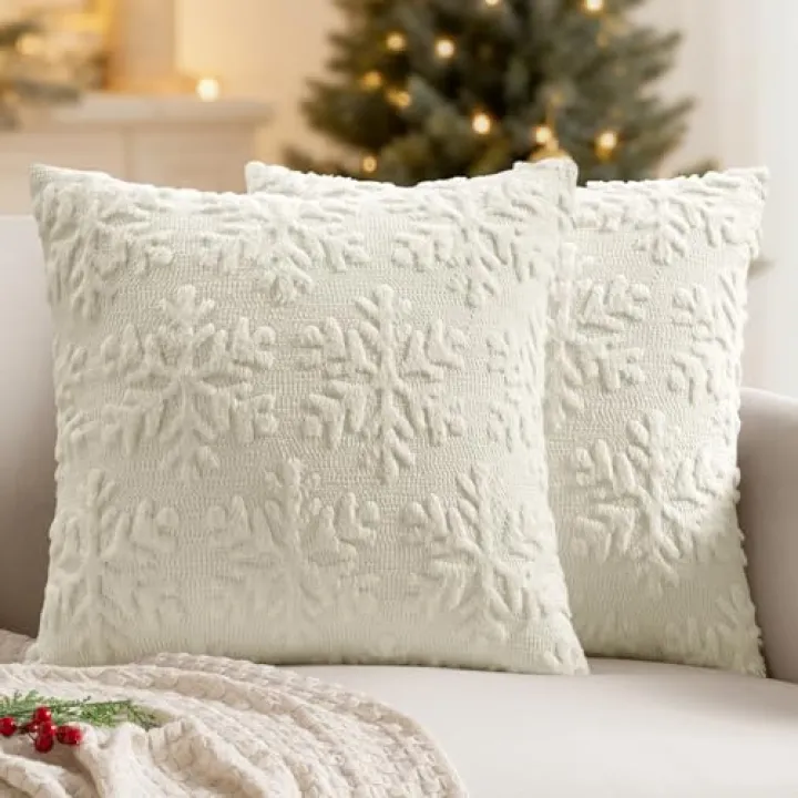 MIULEE Christmas Cream White Throw Pillow Covers Snowflakes Decorative 16×16 Inch Faux Wool Winter Festival Couch Pillow Covers Set of 2 Farmhouse Holiday Home Decors for Sofa Livingroom Bed