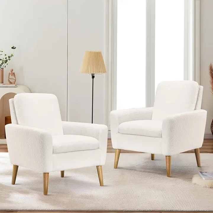 Lohoms White Accent Chair Set of 2 for Living Room, Fluffy Comfy Reading Chairs for Bedroom, White Teddy Upholstered Sherpa Armchair for Apartment, Small Boucle Sofa Chair with Wood Legs