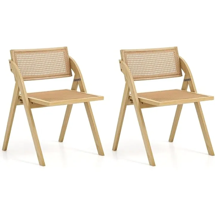 Giantex Folding Dining Chairs Set of 2, Wooden Folding Chair with Rattan Backrest & Seat, Sturdy Rubber Wood Frame, Armless Accent Chairs for Living Room, Kitchen, Wedding Party, No Assembly, Natural