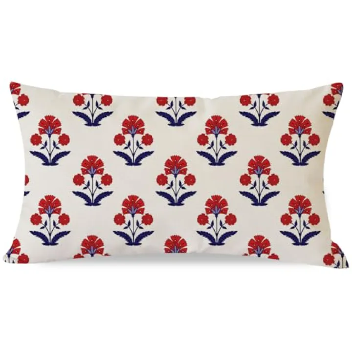 PANDICORN Block Print Throw Pillow Covers 12x20 Inch Red and Blue Vintage Boho Floral Outdoor Decorations Lumbar Decorative Throw Pillows Cases Covers for Home Living Room Couch Decor