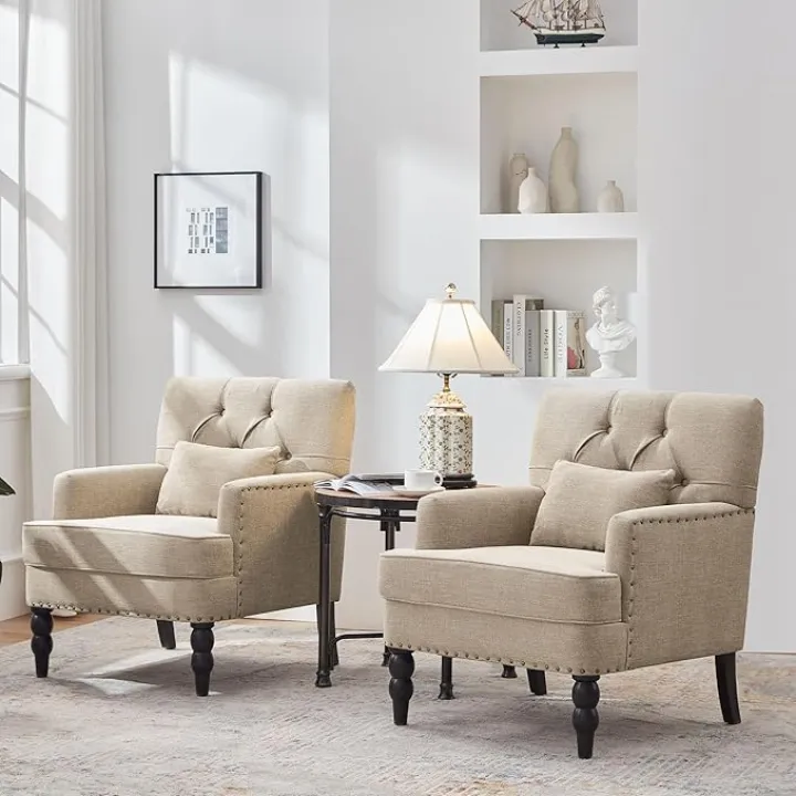 HUIMO Tufted Club Chair Set of 2 with Lumbar Pillow,Accent Chair Upholstered Button Armchair, Linen Fabric Sofa Chairs for Bedroom, Living Room, Mid Century Modern Reading Chair,Brown