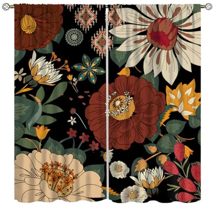 Floral Botanical Curtain,Abstract Mid Century Morden Boho Bohemian Flowers Tropical Leaves Bedrooms Curtain,Vintage Colorful Floral Drapes 42x45 Inch