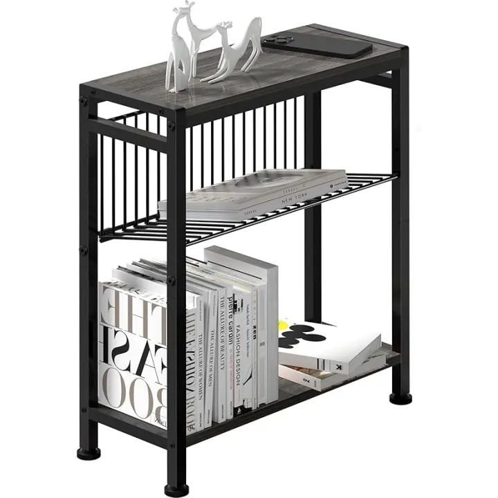 Side Table for Small Spaces, Narrow End Table with Magazine Holder, 2 in 1 Design Slim Side Table, Skinny Nightstand for Living Room Bedroom, Thin Side Magazine Table, Grey