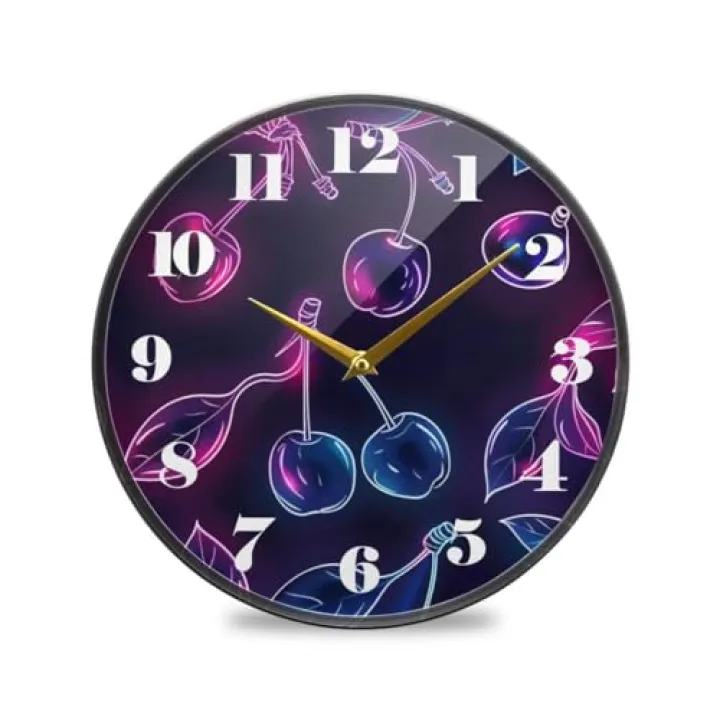 ALAZA Cherry Neon Wall Clock Battery Operated Silent Non Ticking Clocks for Living Room Decor 12 Inch / 9.5 Inch