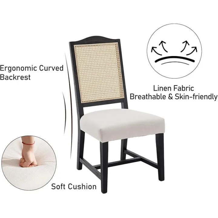 Mid Century Modern Rattan Dining Chairs Set of 2, Farmhouse Upholstered Dining Room Chairs with Cane Back Armless Linen Kitchen Chairs Black Wooden Side Chairs for Restaurant, Beige