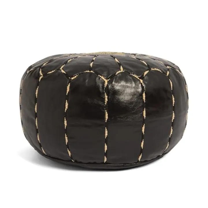 Marrakesh Gallery Unstuffed Moroccan Leather Black Pouf Cover, Footstool Ottoman - Handmade Floor Footrest Cushion, Bean Bag Chair, Foot Rest for Boho Living Room Bedroom, Kids Room, Gift & Wedding!