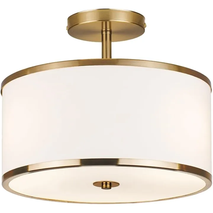 Luxury Semi Flush Mount Ceiling Light, 3-Light Drum Lamp with Gold Brass Finish and Fabric Shade, Ideal for Bedroom, Kitchen, Dining Room, Hallway, Entryway, and Foyer, 12.6"