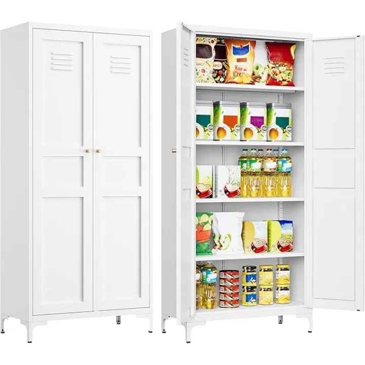 SISESOL Metal Storage Cabinet with Doors and Shelves,White Storage Cabinet with Leg & Vent Hole,Food Pantry Cabinets,5 Tier Metal Pantry,Tall Large Cupboard for Home,Kitchen,Dining/Living/Laundry Room