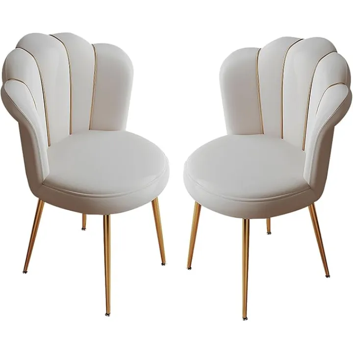 Velvet Vanity Chair, Modern Mid-Century Dining Chair Upholstered Petal Shaped Back Side Chair Kitchen Dining Room Chair with Metal Legs, Tufted Makeup Chairs