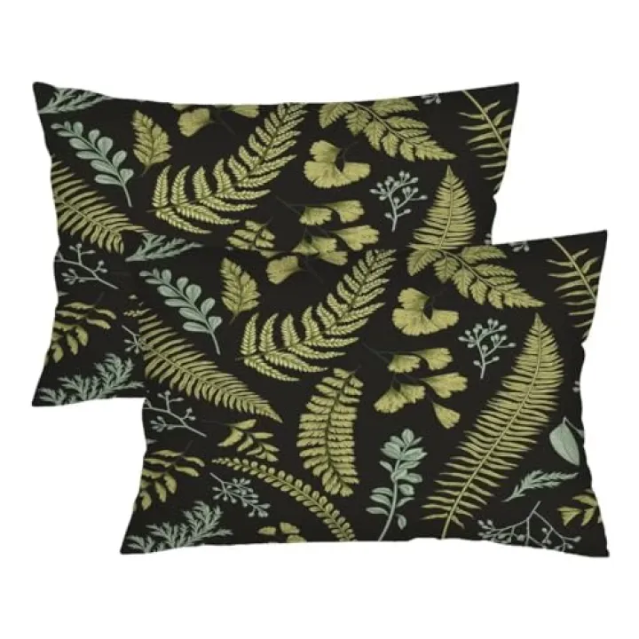 Tropical Leaves Throw Pillow Cover Queen Size Set of 2,Summer Decorative Lumbar Pillow Case Green Leaf Print Pillowcase Standard Pillow Cases with Zipper Cushion Covers for Bed,Couch,20"x30",Black
