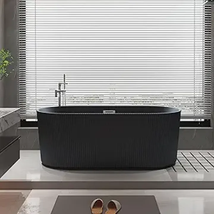 Black 67 inch Fluted Style Freestanding Soaking Bathtub, Modern Stand Alone Free Standing Acrylic Tub with Center Drain & Overflow