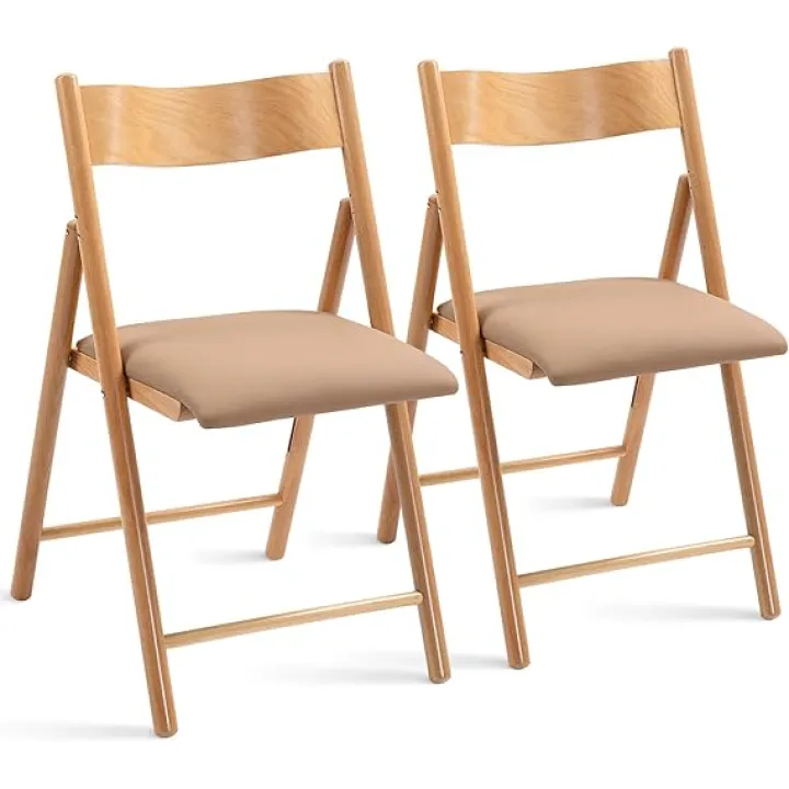 HOMEFUN Wooden Folding Chairs 2 Pack, Padded Folding Chairs with Wear-Resistant Faux Leather Cushion, Portable and Assembled Folding Dining Chair for Guests Kitchen Office Wedding and Party,Khaki
