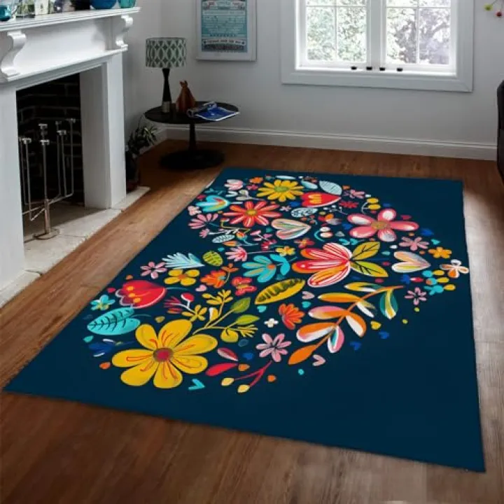 UERWOWELL Dark Blue Area Rugs with Heart Floral Patterns Fluffy Couple Rugs Low Pile Foldable Dining Rugs for Under Table Modern Home Decor Gift 4'6" x 6'6"