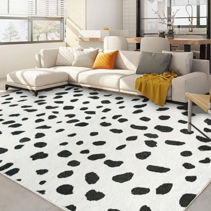 Poowe Black and White Spots Living Room Bedroom Nursery Area Rug - Animal Print Dalmatian Style - Boho Polka Dot - Black, White - 5' x 7'
