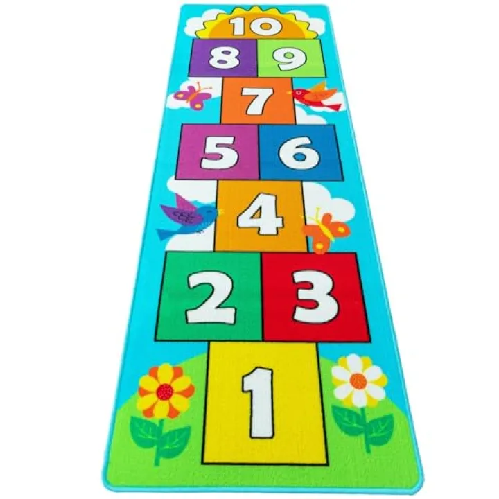 Hop & Count Hopscotch Rug for Kids, Floor Play Area Rug Game Carpet Crawl Jump Mat, Skid-Proof Backing, Great Gift for Boys Girls, Room Decor, Classic Hopscotch Rug for Preschool Playroom
