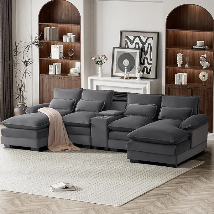 U Shaped Cloud Couch Sectional Sofa, 124" Comfy Fluffy Sectional Couches for Living Room with Double Chaise Lounge, Modern Modular Sectional Sofa with Central Console USB Port, Grey