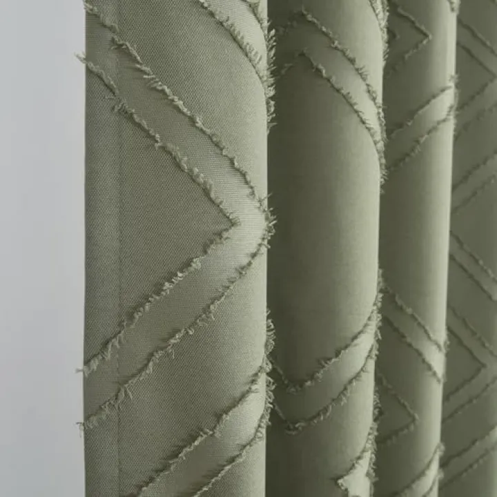 Roslynwood Geometric Semi-Blackout Sage Green Boho Window Curtains Tribal Style Linen Sheer Curtains with Rod Pocket Window Drapes for Living Bedroom, 52W x 96L Inch, 2 Panels