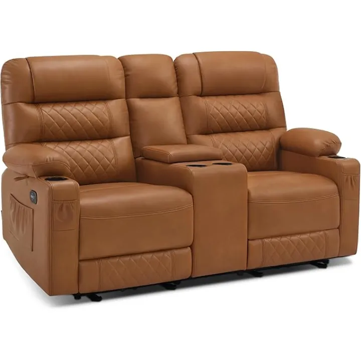 MCombo Zero Gravity Power Loveseat Recliner with Console, Heat and Vibration Massage, Reclining Loveseat Sofa with USB Ports, Cup Holders for Living Room, Faux Leather PR622Sets (Saddle)