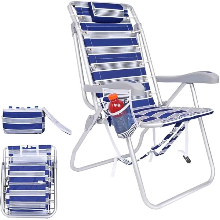 Ultimate Heavy Duty High Seat Aluminum Folding Backpack Beach Chair for Adults | Lay Flat, 5 Reclining Positions | Removable Insulated Cooler Pouch | 300 lbs Weight Capacity