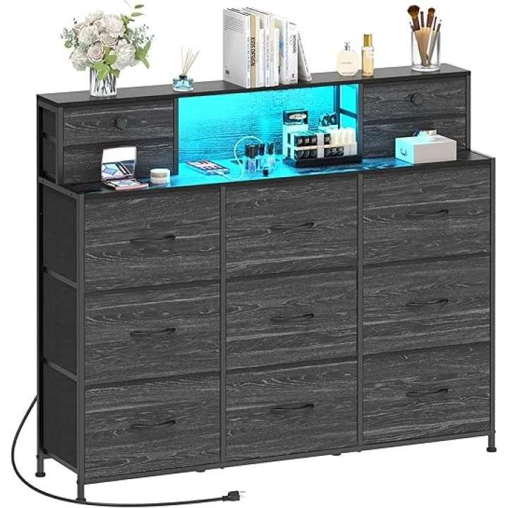 Black Dresser with Charging Station and LED Lights 13 Drawers Dressers for Bedroom Long Dressers & Chests of Drawers for Living Room Hallway Entryway Closets Sturdy Frame Wood Top