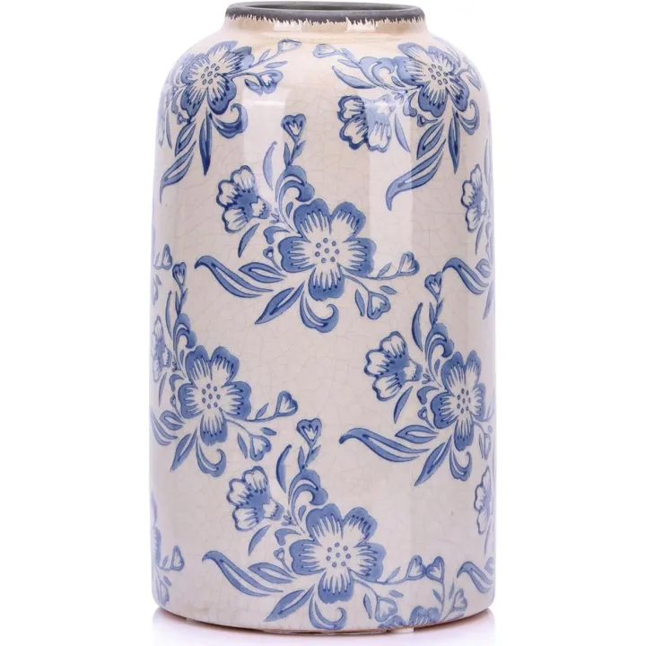 QIANLING Blue and White Floral Vase - 10.6" Vintage Ceramic Pottery Centerpiece, Rustic Farmhouse Decorative Flower Vase