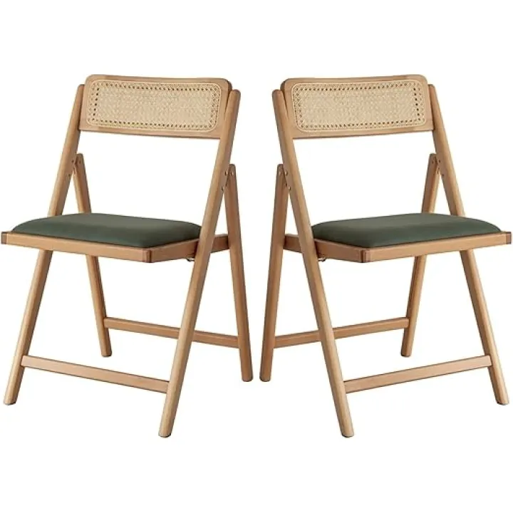 (2PCS) Retro Folding Chair, Solid Wood Rattan Chair, Foldable Stackable Dining Chair, Comfortable Cushion Back Chair/Reception Chair(B)