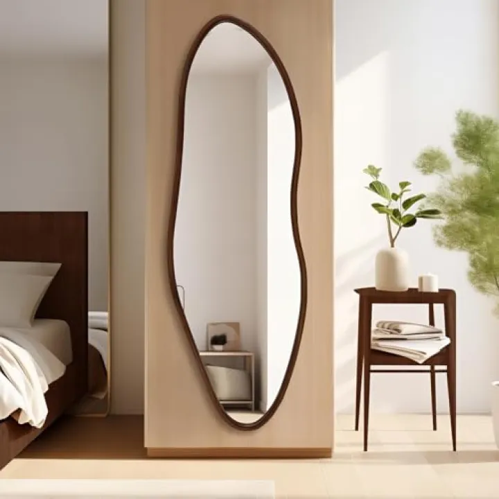TheiaMo Irregular Full Length Mirror, 65"x22" Wooden Farmhouse Full Body Mirror, Large Asymmetrical Wall Mirrors for Living Room Entryway, Horizontal/Vertical, Walnut