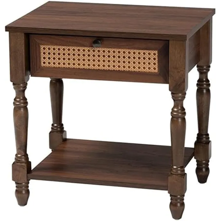 Baxton Studio Roden Transitional Dark Brown Nightstand with Rattan