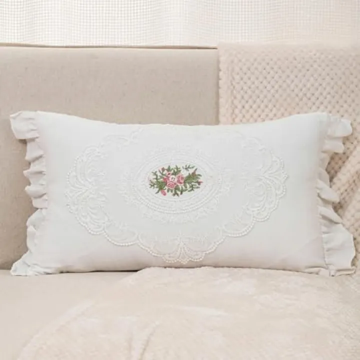 Huierxun Cotton Lace Embroidery Throw Pillow Covers Boho Neutral Cushion Case Soft Accent Pillowcase for Spring Sofa Couch Bed Living Room Home Decor (Cream,12"x20")