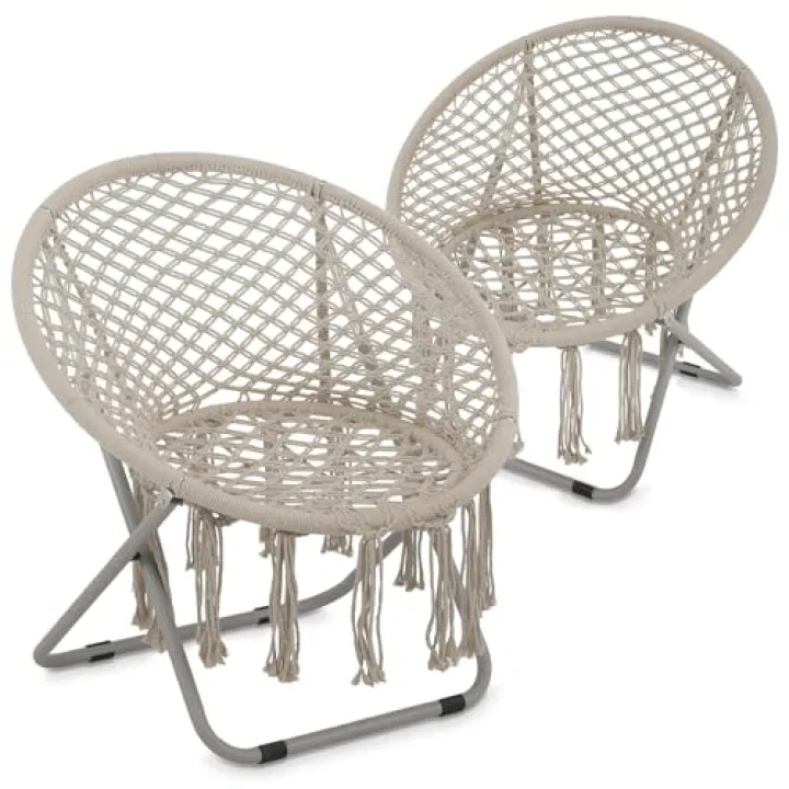MoNiBloom Sedia rotonda pieghevole per camera da letto e soggiorno, struttura in metallo, comoda sedia da salotto pigra accogliente con nappe, per adulti e ragazzi (beige, confezione da 2)