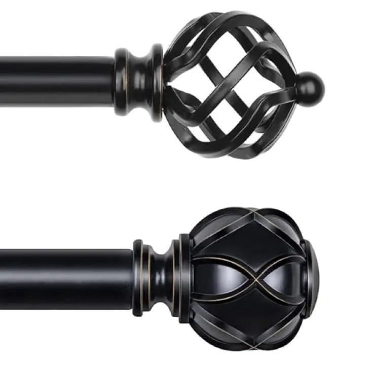 KAMANINA Bundle of 32 to 58 inches Curtain Rods, Twisted Cage Finial and Netted Texture Finial, Black