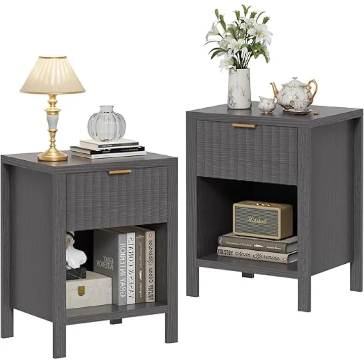 Anbuy Nightstands Set of 2,Fluted Nightstands with Metal Handle,Wooden End Side Table Dark Grey Bedside Table for Bedroom,Living Room(Dark Grey)