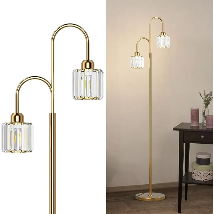 2-Light Gold Crystal Floor Lamp for Living Room, Modern Elegance Crystal Floor Lamp for Bedroom, On/Off Foot Switch, Mini E26 Bulbs Excluded, Max 60W, Brass Finish Crystal Standing Light