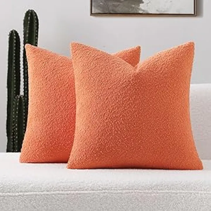 FUTEI Pack of 2 Orange Decorative Throw Pillow Covers 18x18 Inch Soft Cozy Solid Boucle Textured Cushion Case,Modern Home Decor for Couch Bed Living Room
