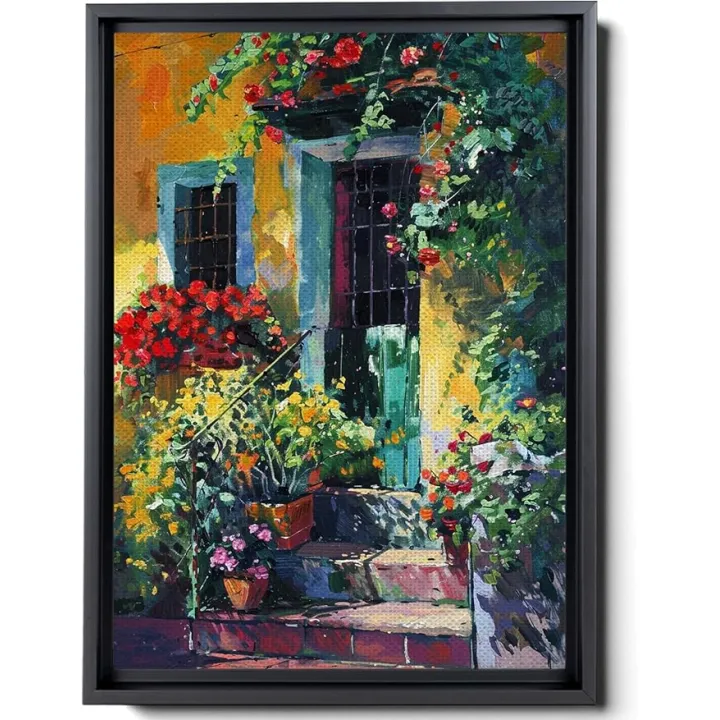 Italian Town Canvas Wall Art - Coastal Village Painting Tuscany Door Canvas Wall Art Mediterranean Style Street Painting, Rustic Decorative, Canvas Prints, Print