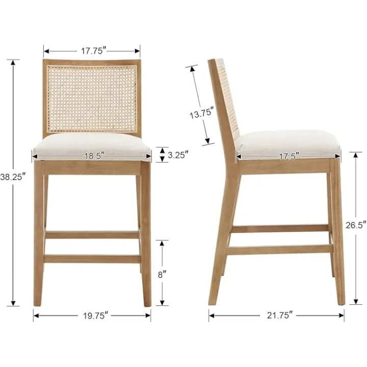 26.5" Rattan Bar Stools Set of 4 Modern Linen Fabric Upholstered Counter Height Bar Stools, Kitchen Island Barstools with Rattan Back, Natural Finish Wood Legs Bar Chairs, Beige