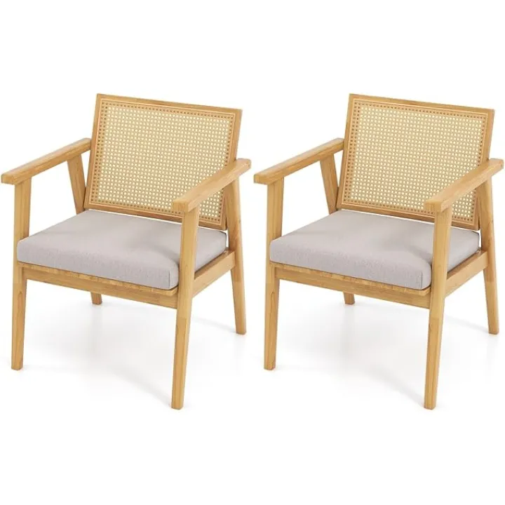 Rattan Dining Chairs Set of 2, Woven Rattan Accent Chair with Detachable Cushion Seat, Breathable Backrest & Rubber Wood Frame, Mid-Century Modern Wicker Armchair for Living Room & Bedroom (2)