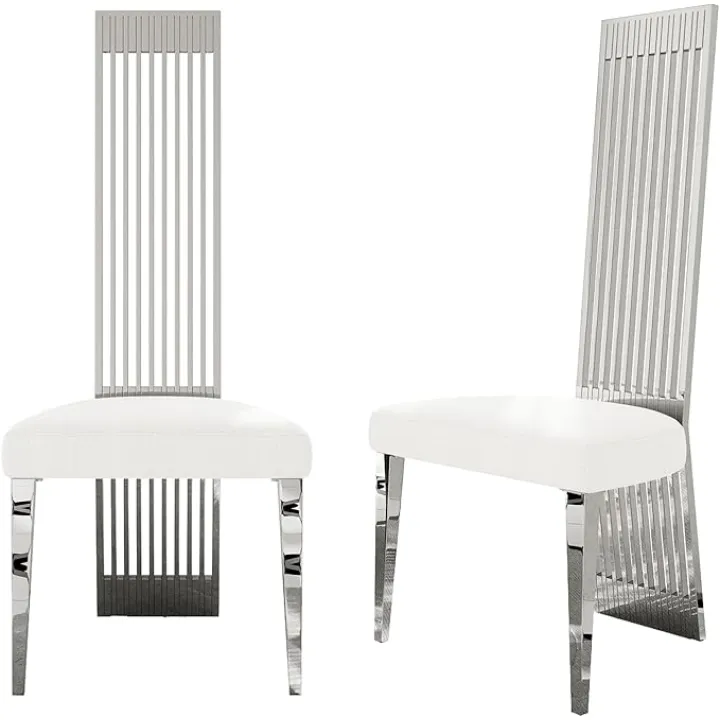 White and Silver Dining Chairs Set of 2, Upholstered High Back Dining Chairs with Stainless Steel Backrest and Legs Modern Simple High Back Dining Room Chair for Dining Room Kitchen