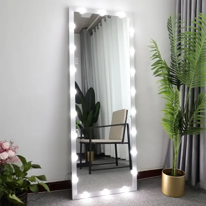 AVGVLIJ Full-Length Mirror with Lights, 63" x 24" Body Mirror with 22 Dimmable LED Bulbs, 3 Color Modes, Smart Touch Control, Wall-Mounted & Standing Vanity/Makeup Mirror, Silver