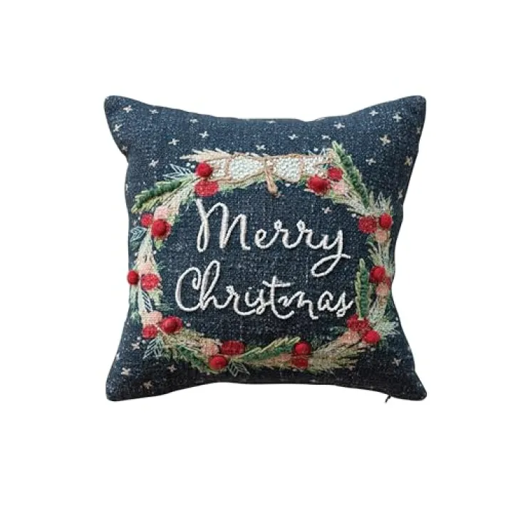 Creative Co-Op Square Cotton Printed Pillow with Wreath, Embroidery, Beads and Pom Poms Merry Christmas, Multicolor