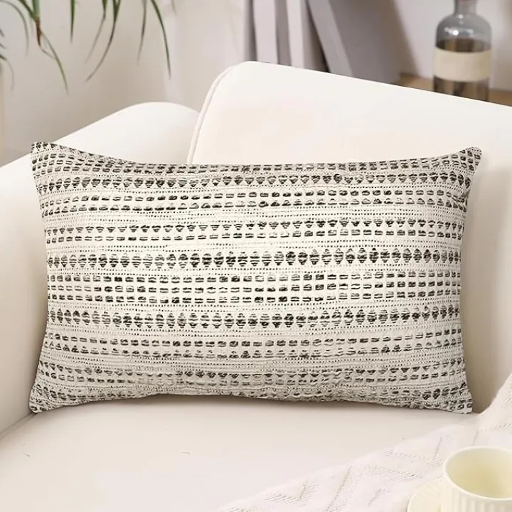 Chardin home Lana Boho Pillow Cover, Handwoven Decorative Throw Lumbar Pillow (Set of 2). Soft Warm Cotton Woven Rectangular Pillow Covers for Couch Sofa Bedroom, Size: 12”x20”, Color Black-Cream