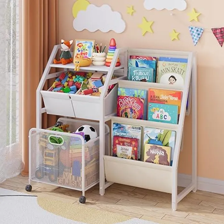 Kids Bookshelf and Toy Storage Organizer - 3 Tier Book Shelf with Movable Drawer, Kids Bookcase with 2 Toy Bins, Toddler Baby Children's Bookshelf, for Bedroom, Playroom, Classroom (White)