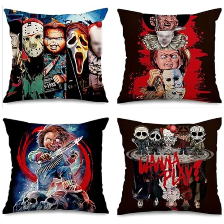 Generic Set of 4 Linen Throw Pillow Covers Halloween Pillow Case Horror Movie Character Halloween Pillow Covers Funny Holiday Home Decoration for Sofa Couch Bed Living Room Car Bedroom Bar Cafes