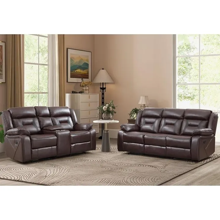 Manual Recliner Sofa Set, Faux Leather Reclining Living Room Furniture Set, Included Loveseat and 3 Seat Manual Recliner Sofa, Dark Brown(Loveseat+Sofa)