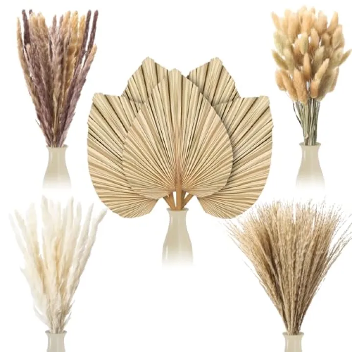 105 Pcs Boho Dried Pampas Grass Decor Bulk, Large Dried Palm Spears Bunny Tails Pampas Reed Grass Dried Palm Leaves Dried Flower Bouquet Boho Centerpieces for Wedding Home Tables Decor