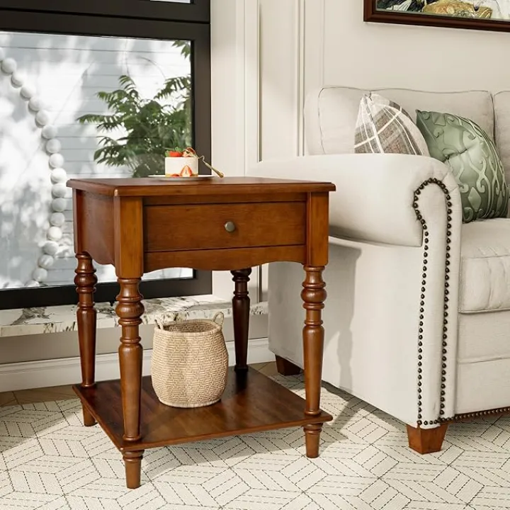 Solid Wood Side Table with Drawer and Storage Shelf, American Retro Sofa End Table, Narrow Telephone Beside Table For Living Room,18.9"L x 18.9"W x 24"H, No-Tools Assembly, Caramel Brown BZ-C008-DR