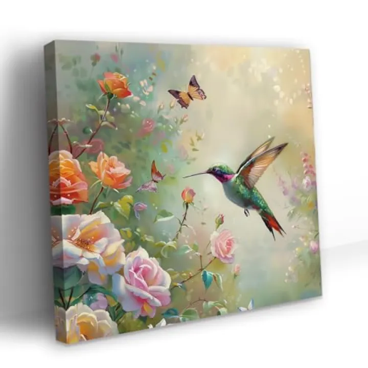 PBXBJY Hummingbird Wall Art Bird Canvas Prints Hummingbird with Floral Pictures Watercolor Animal Painting Poster Bathroom Bedroom Office Decor Frame (12L x 12W)