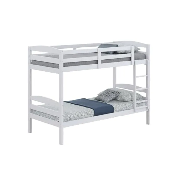 Furniture of America Transitional Wood Twin Over Twin Bunk Bed with Ladder, No Box Spring Required, for Kids, Boys, Girls, Bedroom, Dorm, White